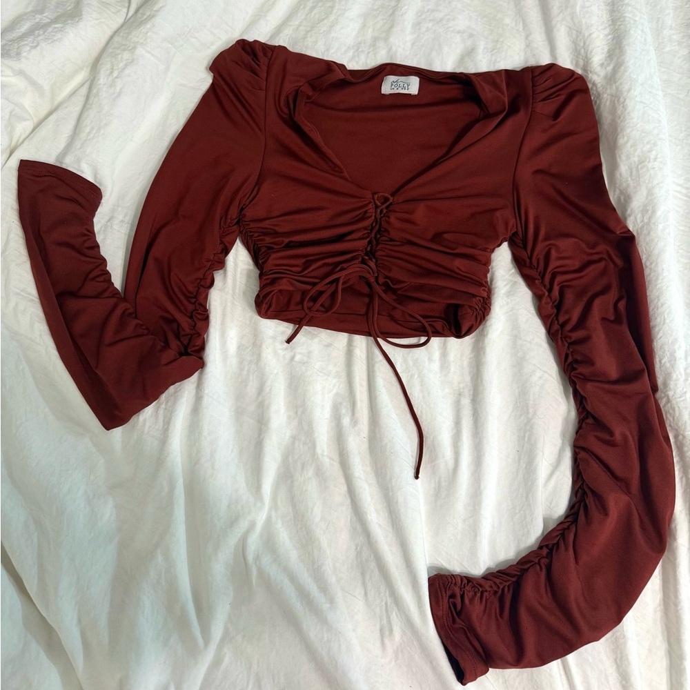 Oh Polly Ruched lace up Maroon crop top